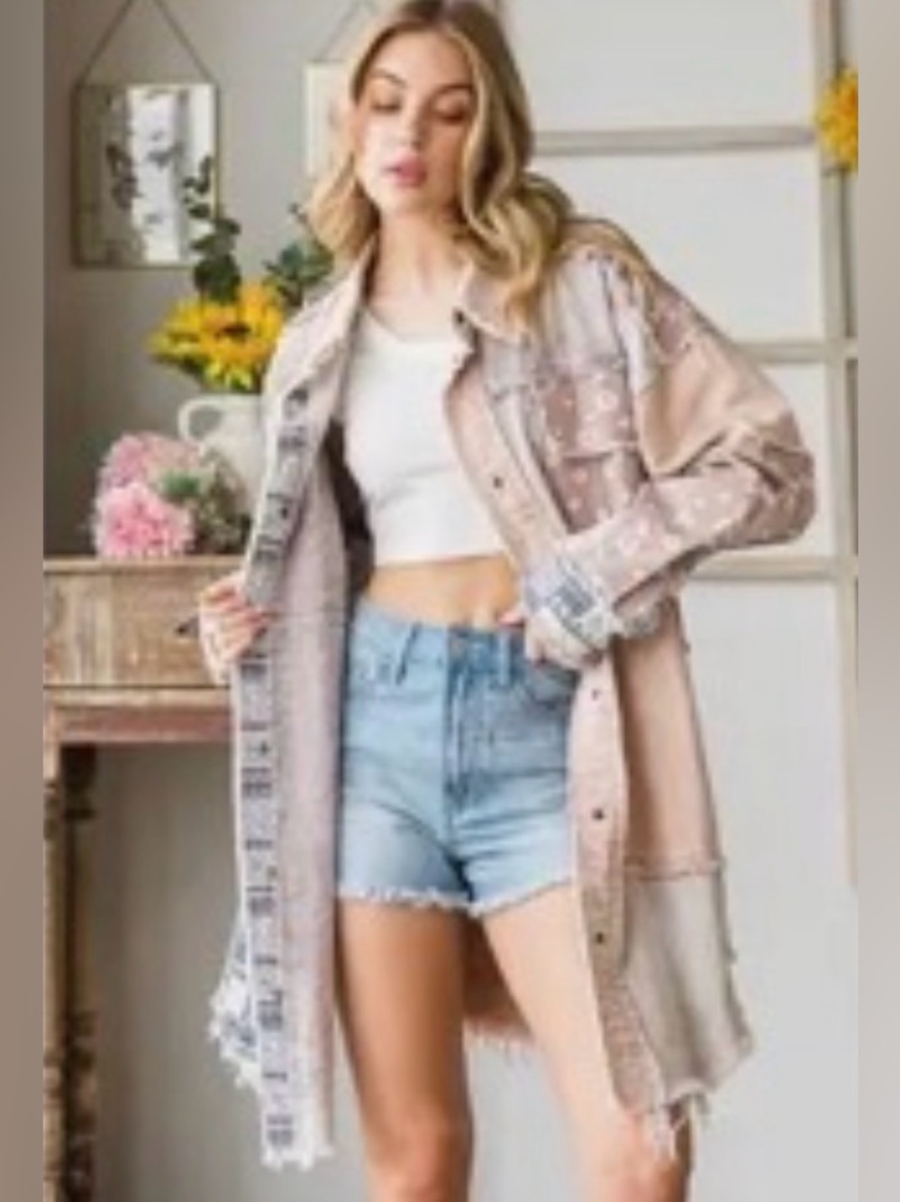 oli and hali pink daisy patchwork jean jacket